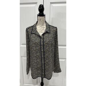 TOMMY HILFIGER Women’s Navy Yellow Chevron Print Button Up Blouse Top Large